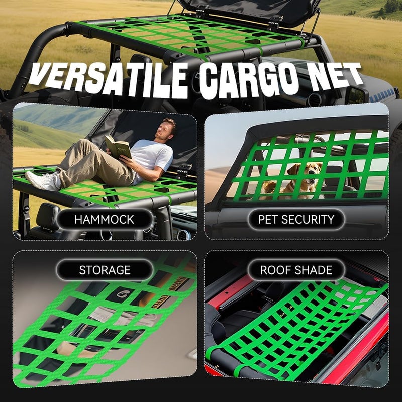 BARTOO Mesh Cargo Net Roof Top Netting Hammock Compatible with Jeep Wrangler YJ TJ JK JKU JL JLU 1987-2024 & Gladiator JT Accessories, Fluorescent Green - Image 4